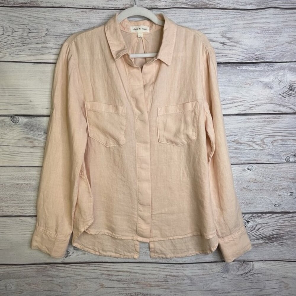 Linen Anthropologie Size L Cloth & Stone Pale Pink Roll Tab Sleeve Shirt Women's